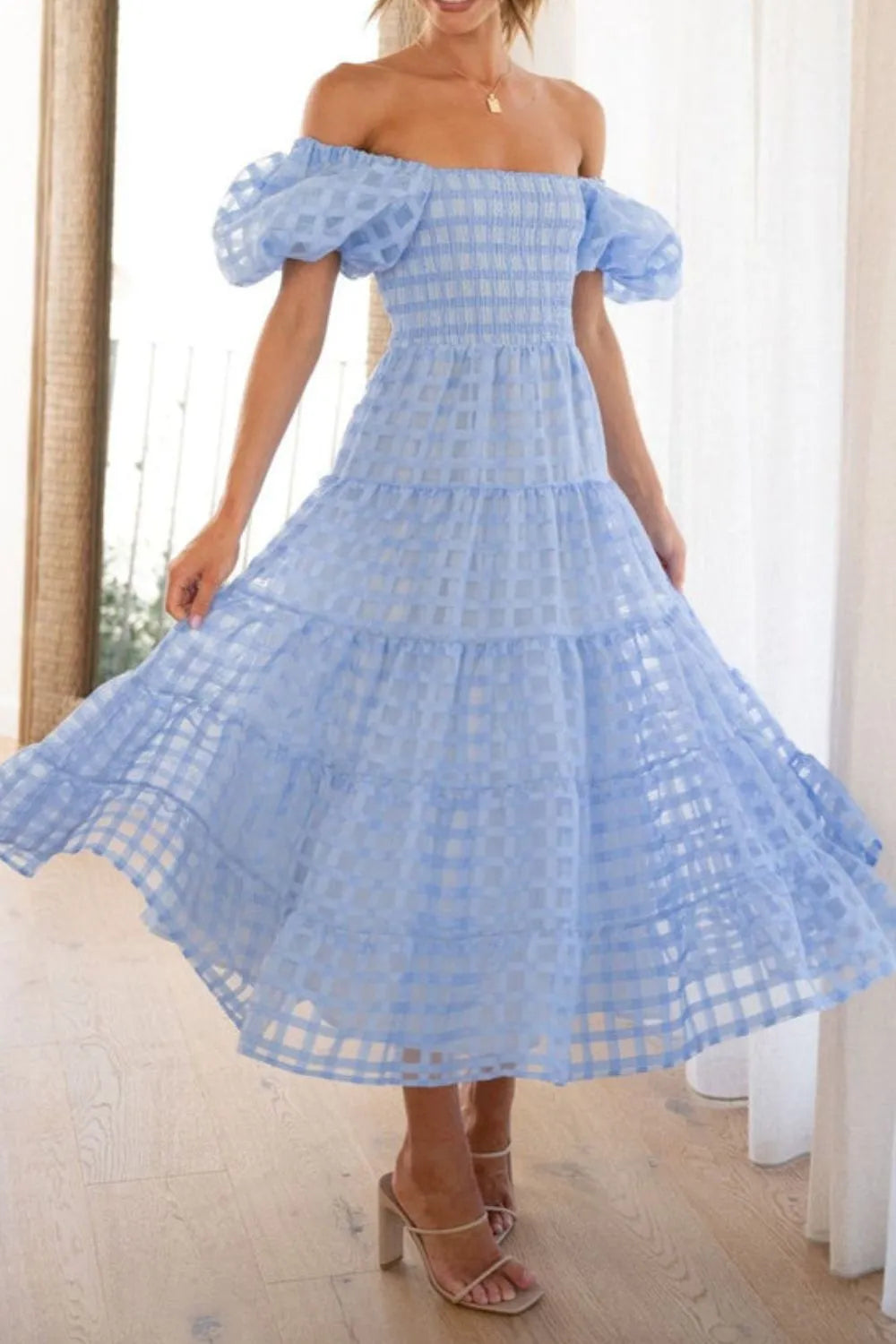 Off Shoulder Short Puff Sleeve Midi Dress - product image 30