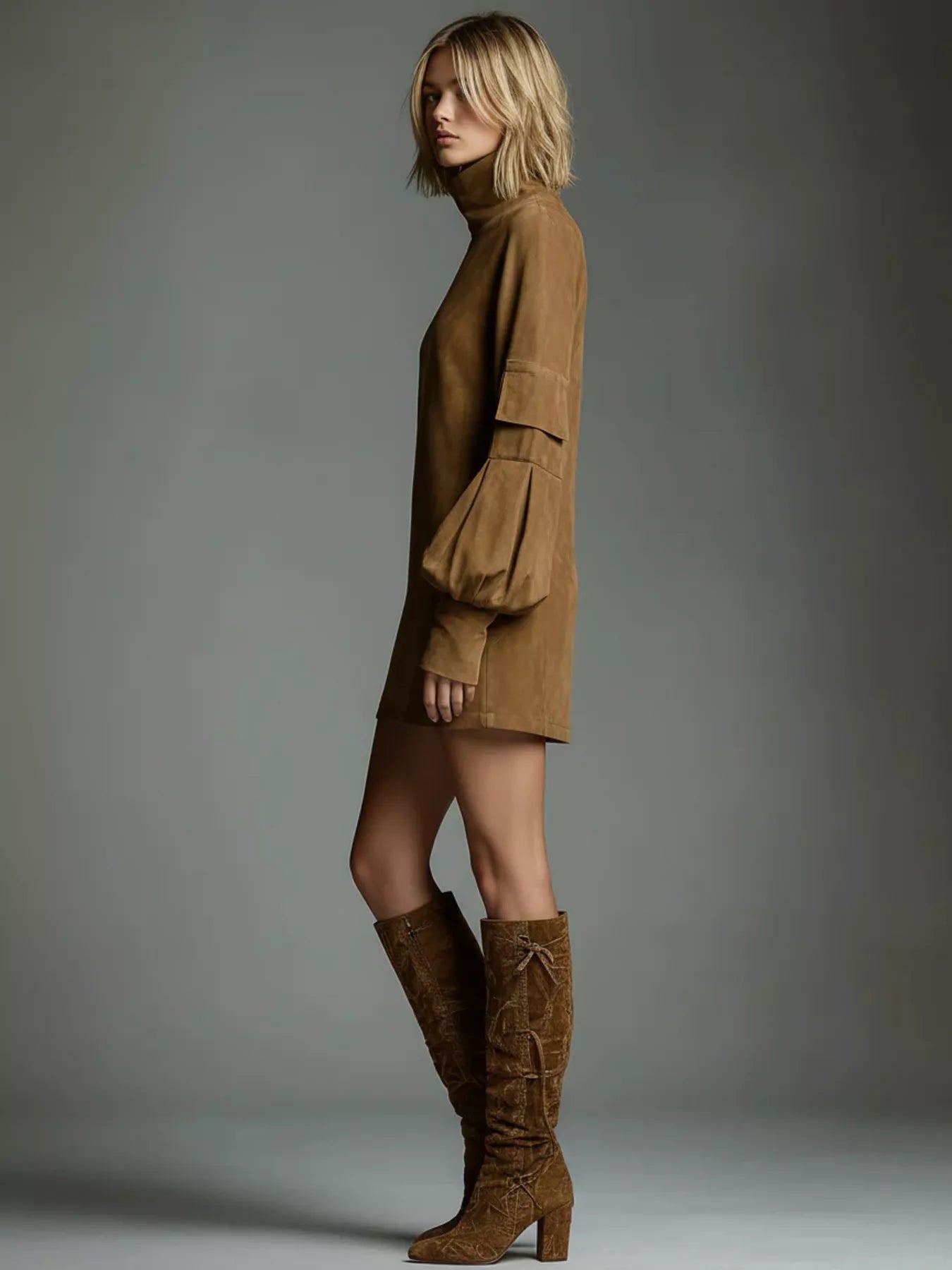 Full Size Suede Turtleneck Lantern Sleeve Mini Dress Plus Size view 3 - Shopiebay