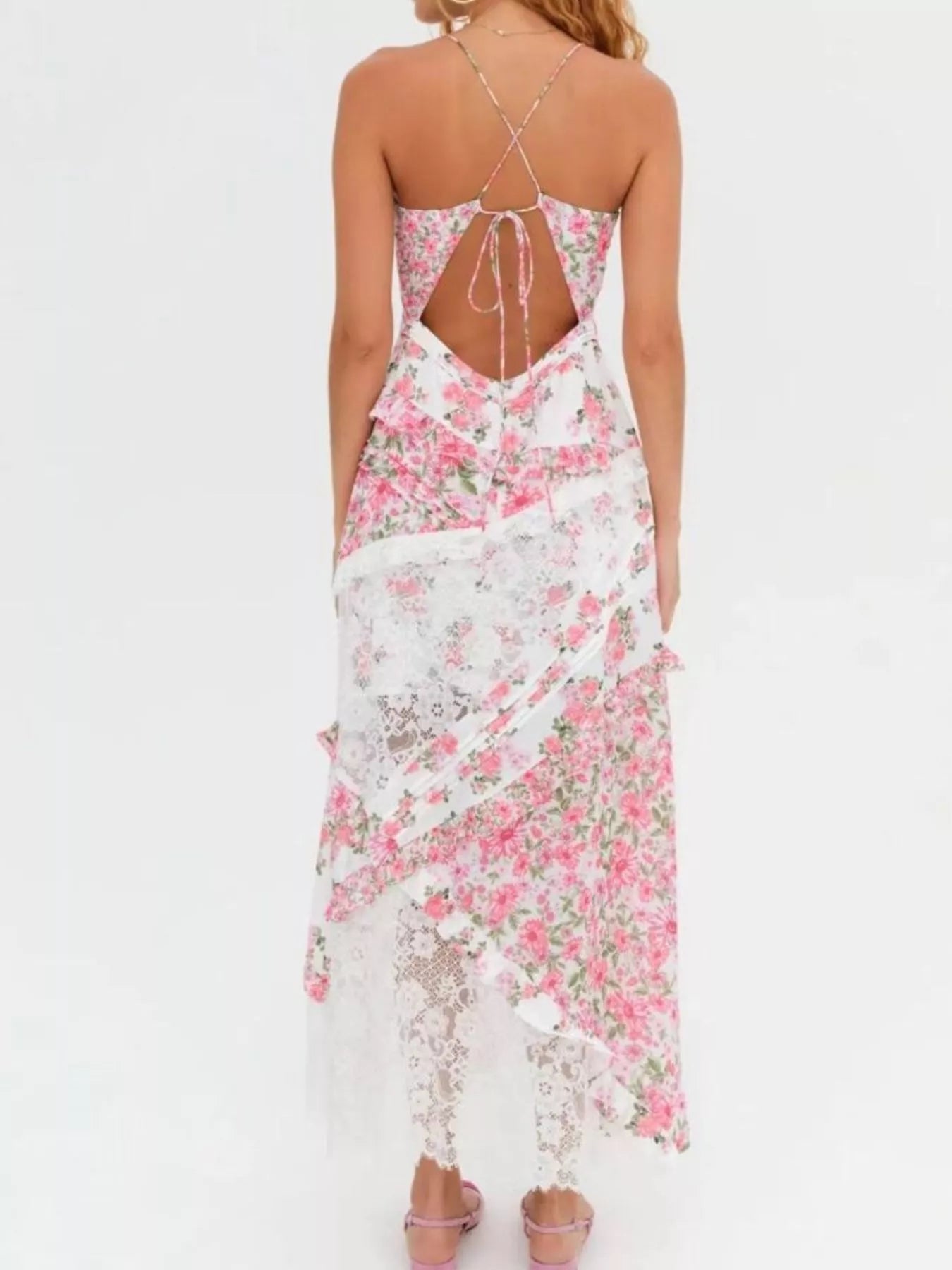 Lace Detail Ruffled Floral V-Neck Maxi Dress - product image 16