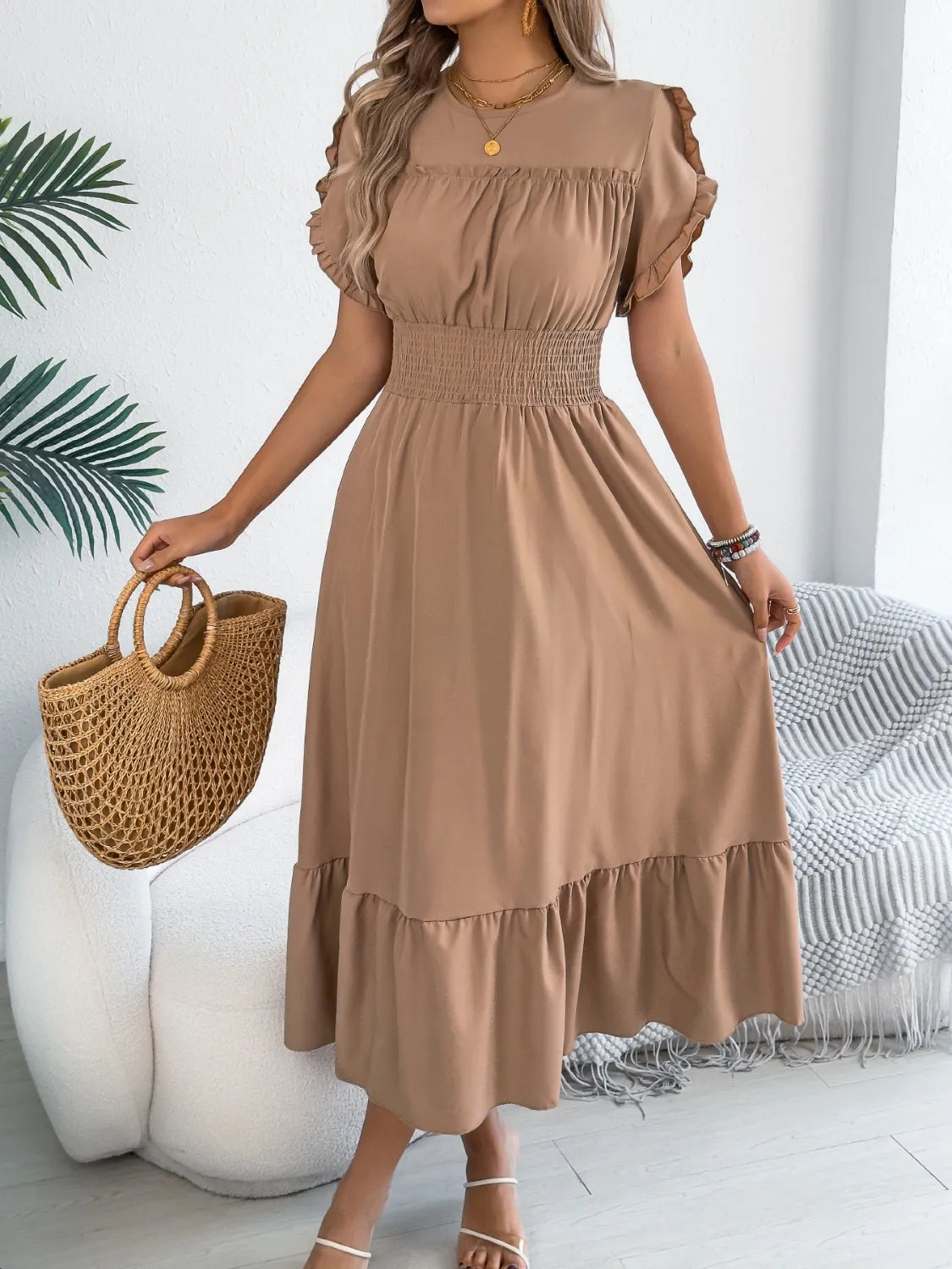 Smocked Frill Round Neck Midi Dress - product image 7