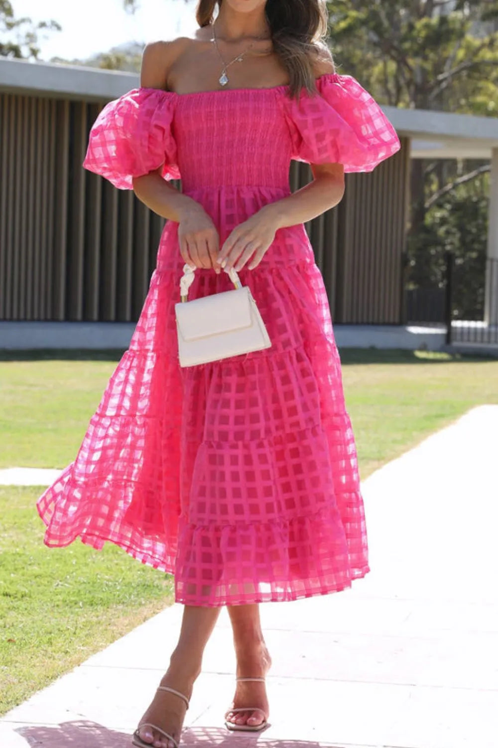 Off Shoulder Short Puff Sleeve Midi Dress - product image 23