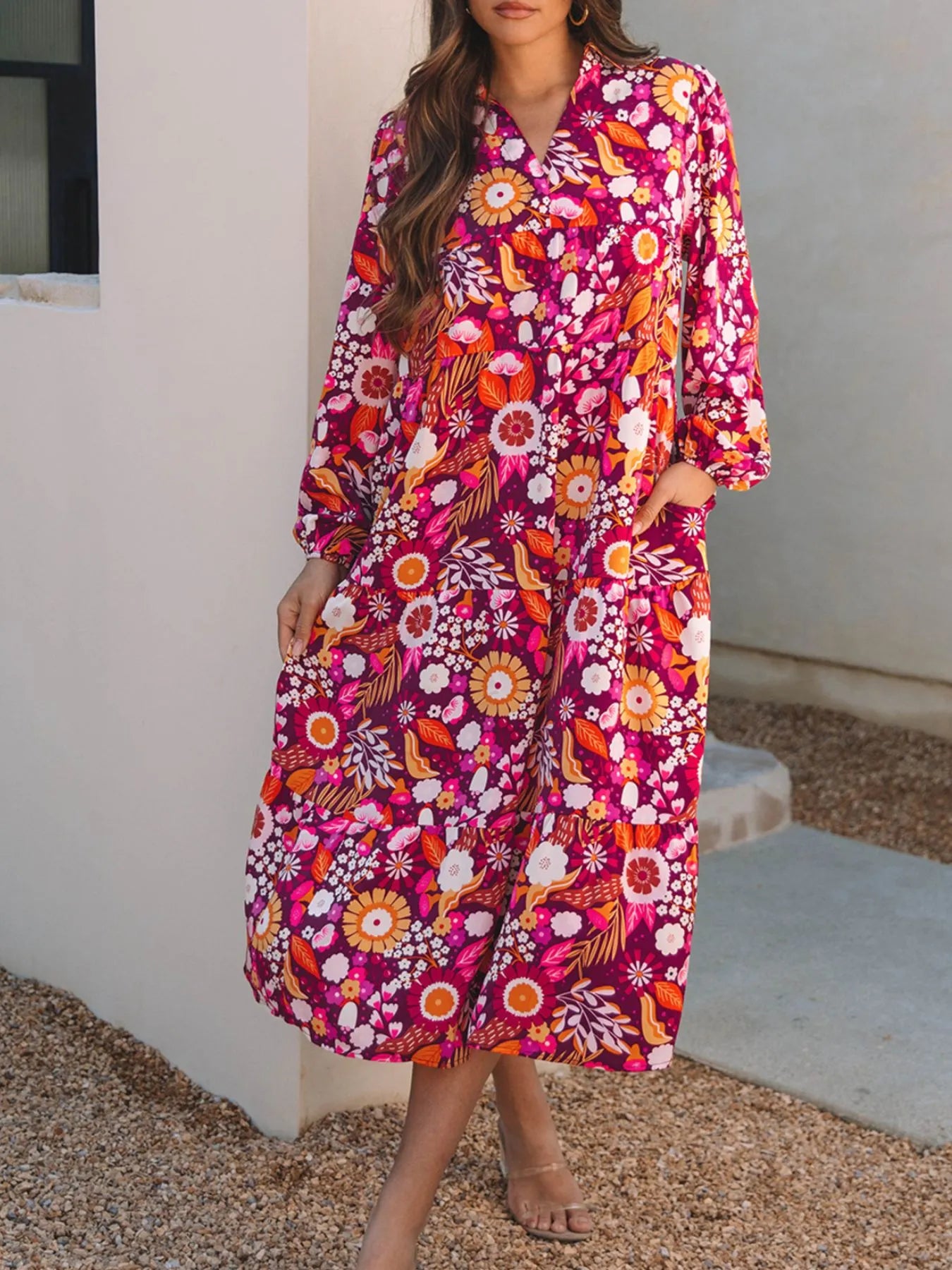 Floral Print Long Sleeve Midi Dress with Pockets Main image