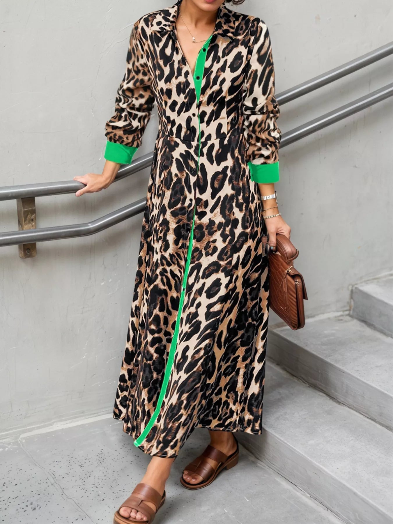 Leopard Print Long Sleeve Shirt Dress with Contrast Trim Main image