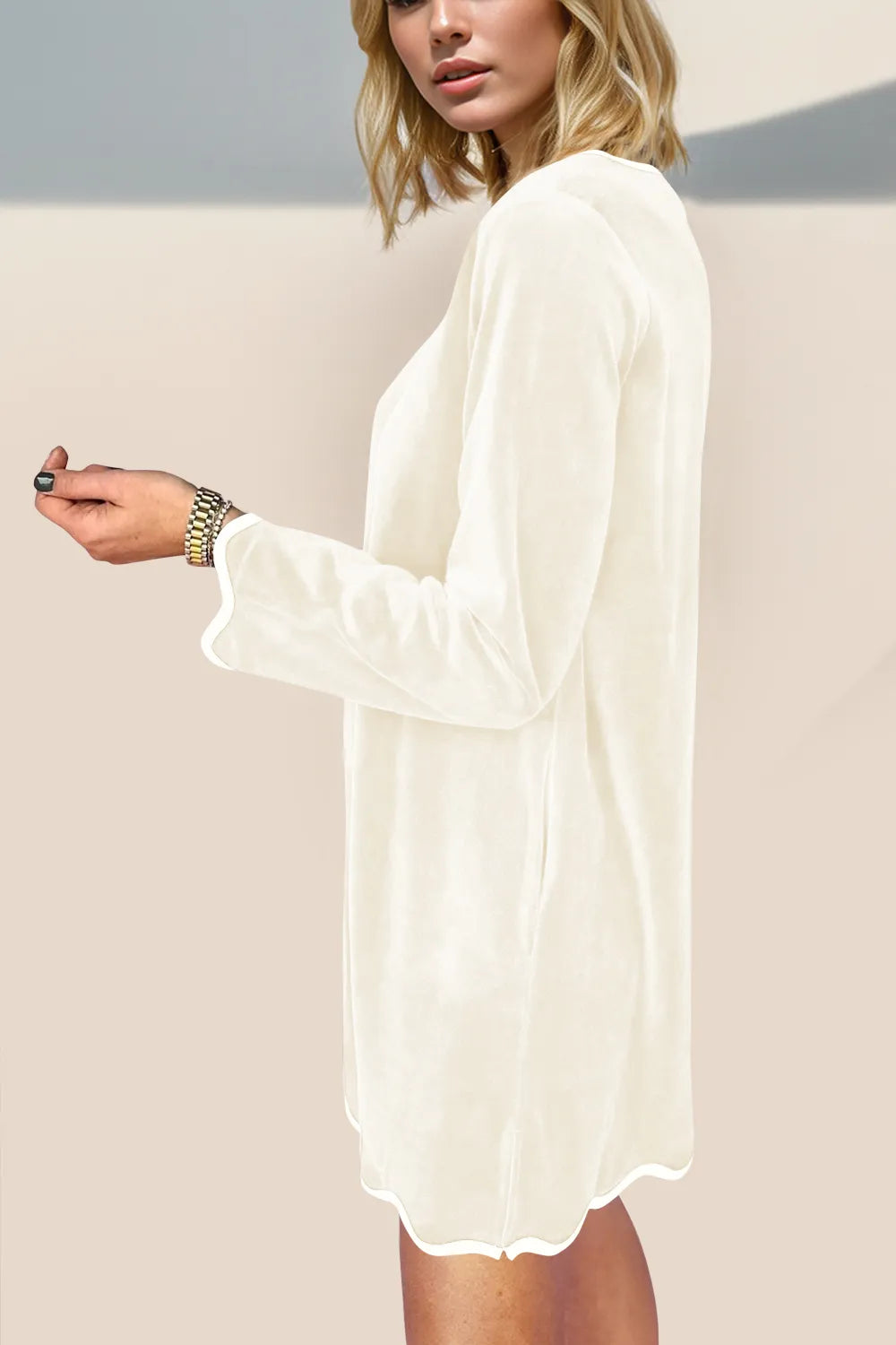 Double Take Wave Contrast Trim V-Neck Zip Up Long Sleeve Mini Dress view 5 - Shopiebay