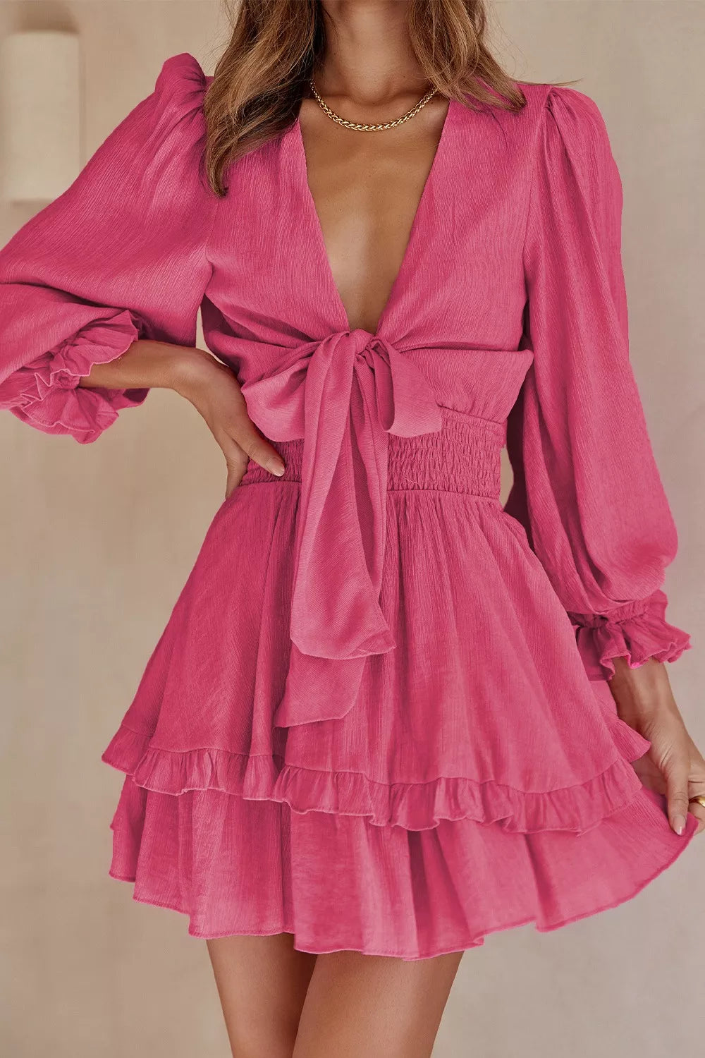 Elegant Tie-Front Ruffle Mini Dress with Smocked Wiast Main image