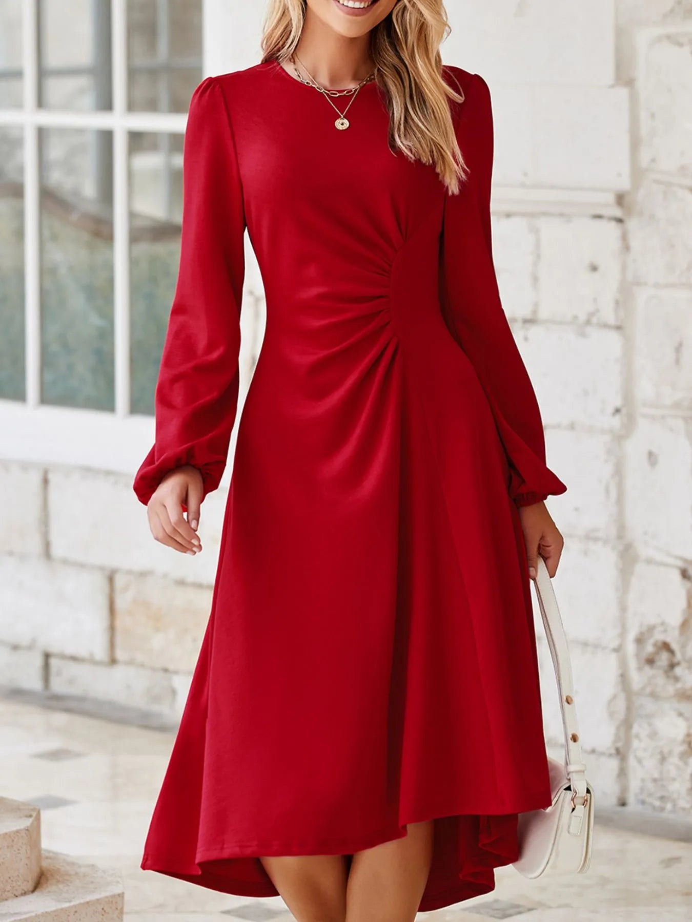 Solid Color Ruched Detail Long Sleeve Midi Dress - product image 18