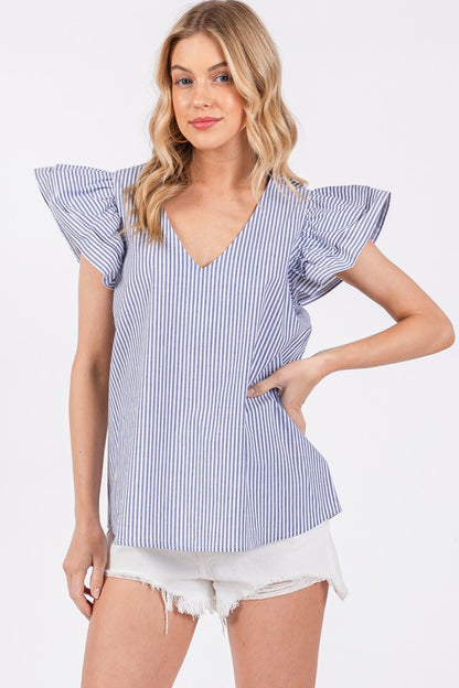 Ces Femme Striped V-Neck Ruffled Cap Sleeve Blouse