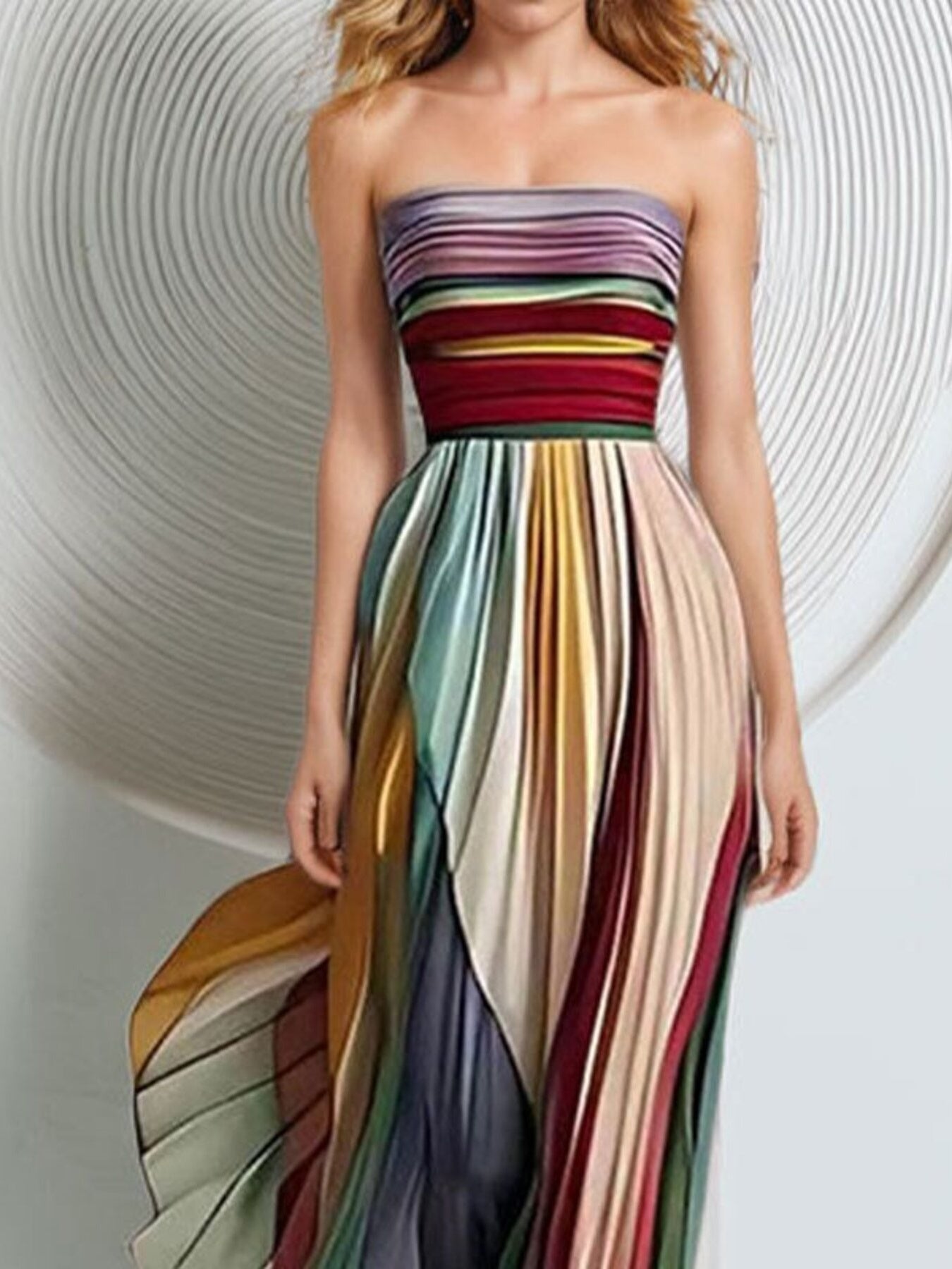 Striped Pleated Strapless Maxi Dress view 3 - Shopiebay