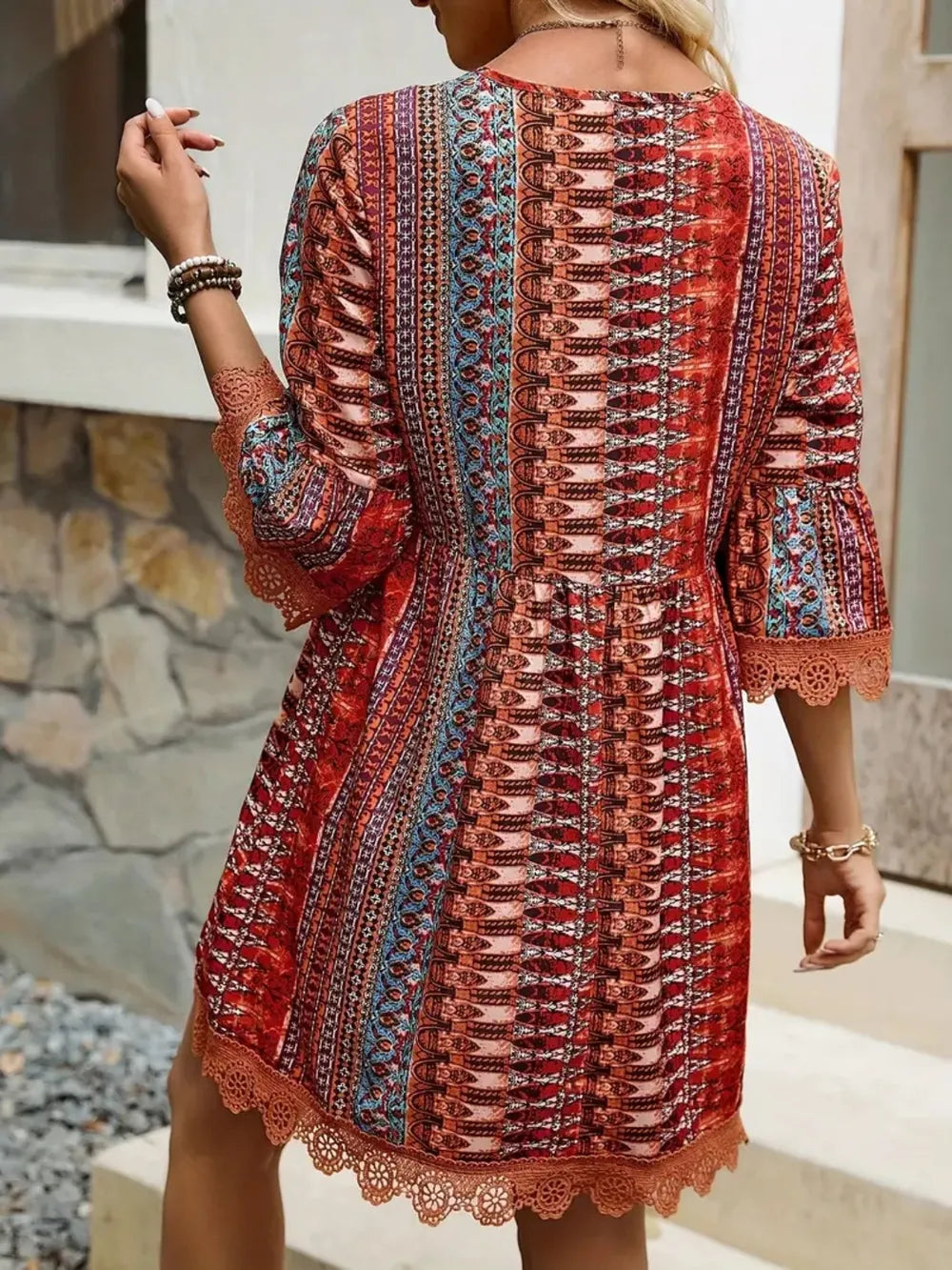 Lace Trim Printed V-Neck 3/4 Sleeve Dress - product image 5