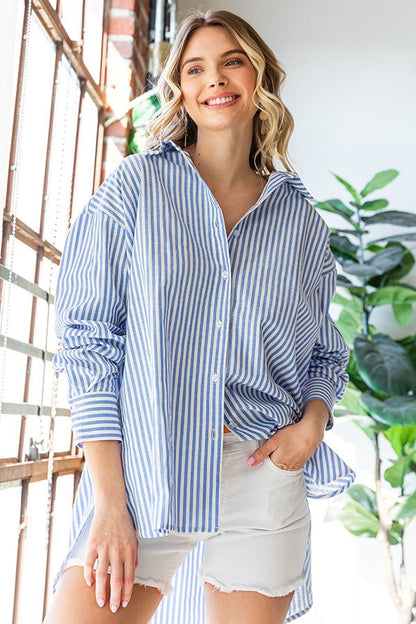 First Love Striped Button Down High-Low Hem Shirt