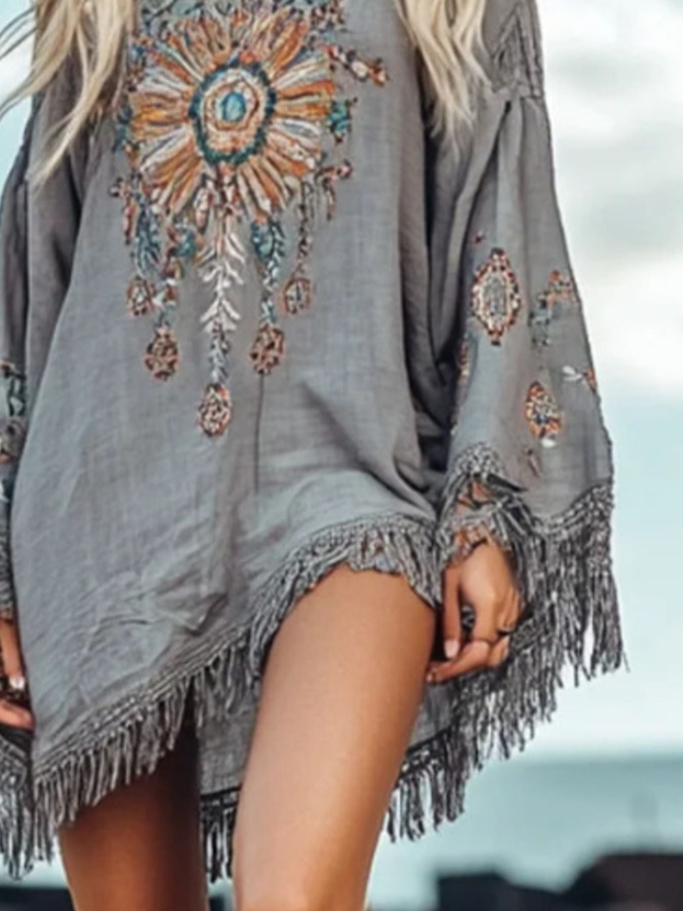 Fringe Hem Long Sleeve Mini Dress - product image 3