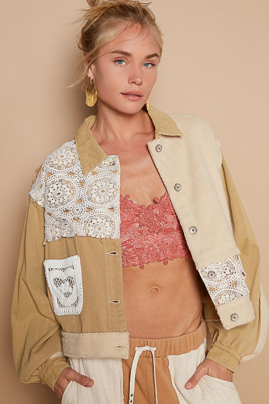 POL Crochet Patch Exposed Seam Button Up Jacket