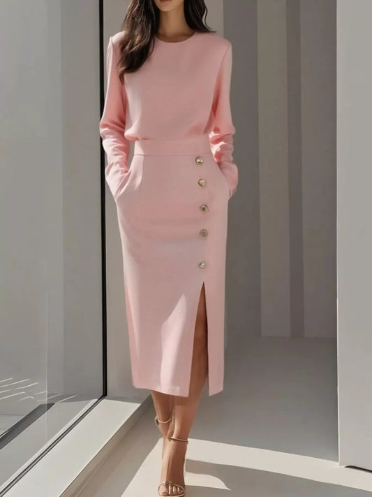 Long Sleeve Button Detail Midi Dress with Side Slit - Shopiebay women's boutique
