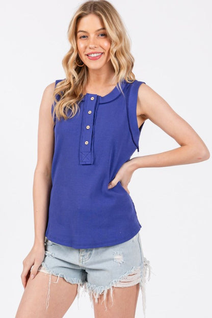 Ces Femme Stitch Detail Half Button Ribbed Tank