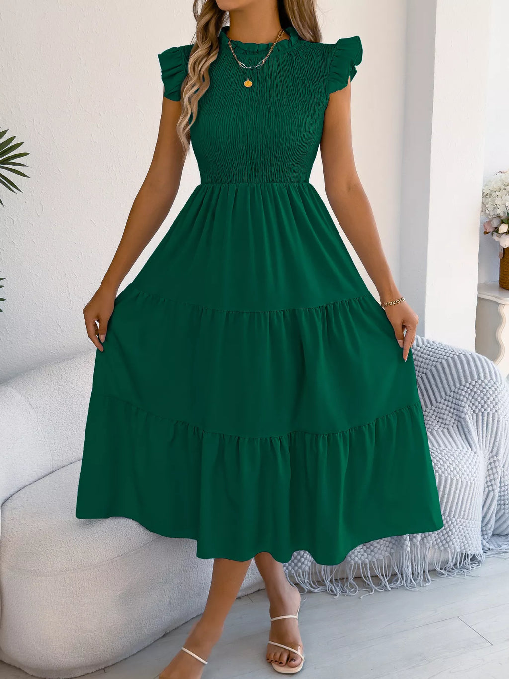 Women's Smocked Ruffle Midi Dress – Casual A-Line Cap Sleeve - product image 3
