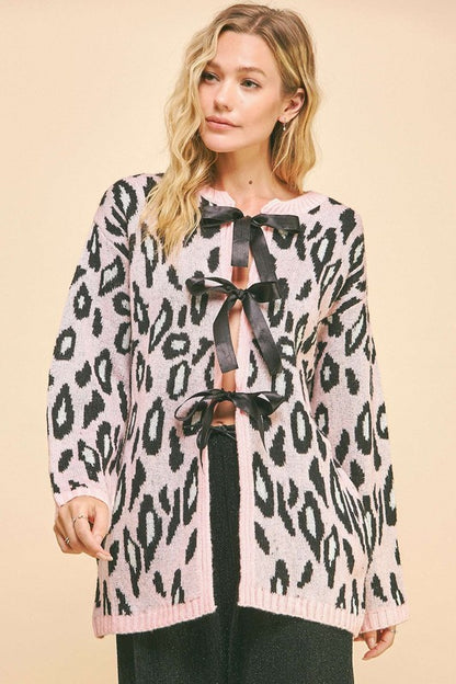 Davi & Dani Leopard Ribbon Tie Front Loose Fit Cardigan