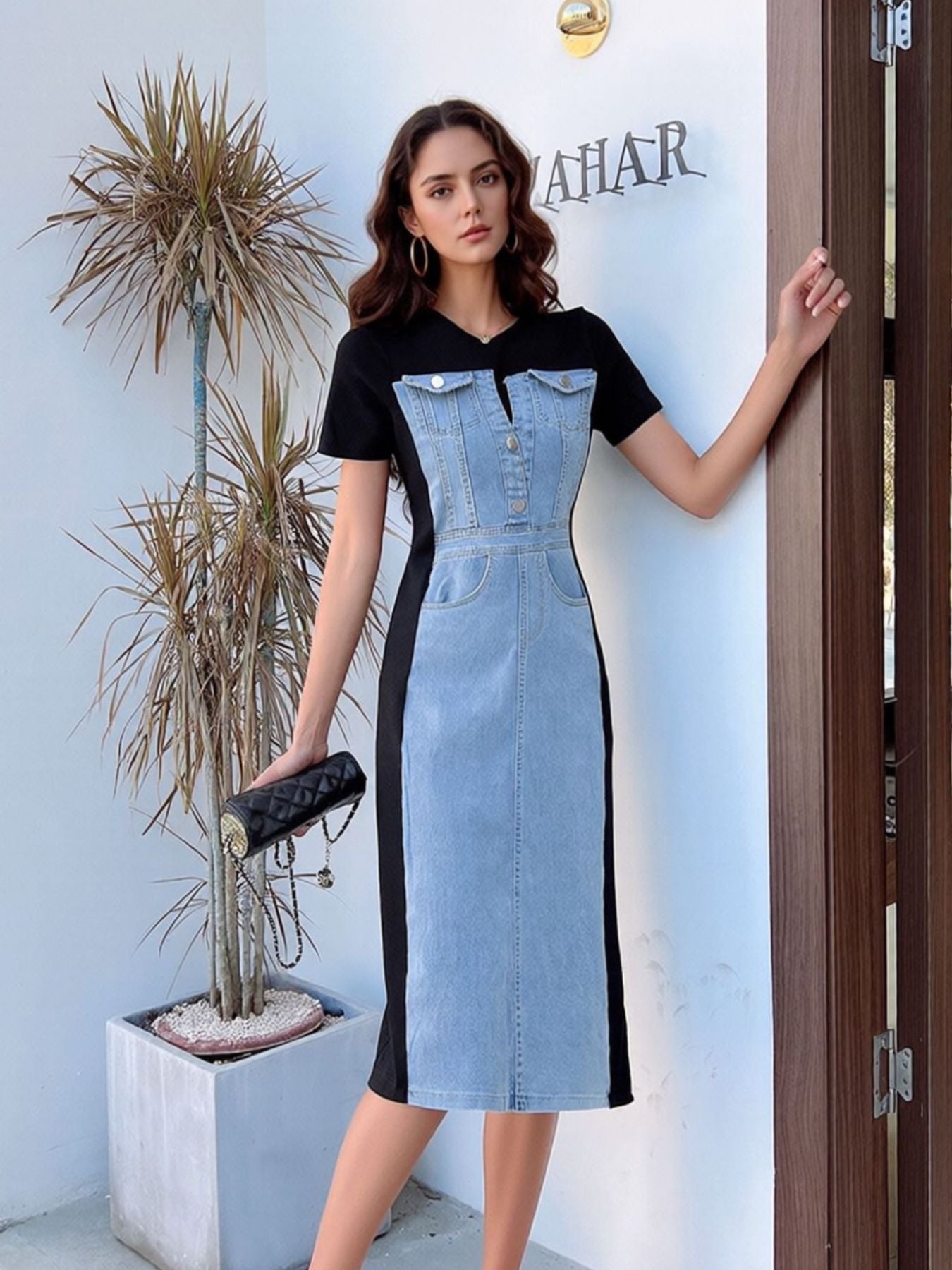Full Size Denim Patchwork Short Sleeve Slit Back Dress Plus Size - product image 2