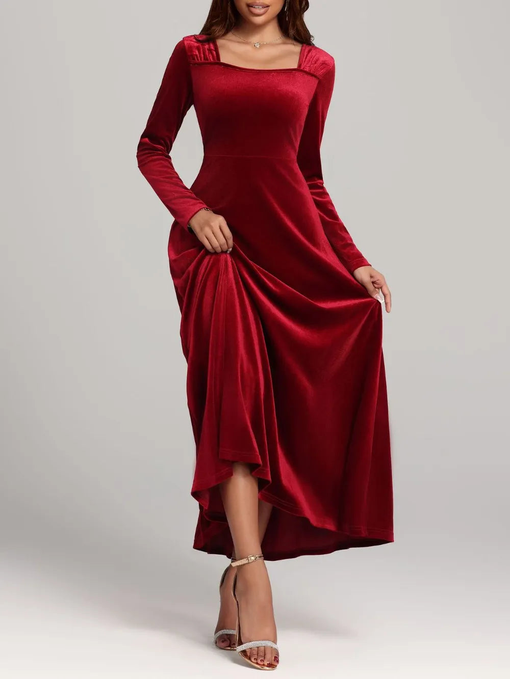 Square Neck Long Sleeve Velvet Dress - product image 4