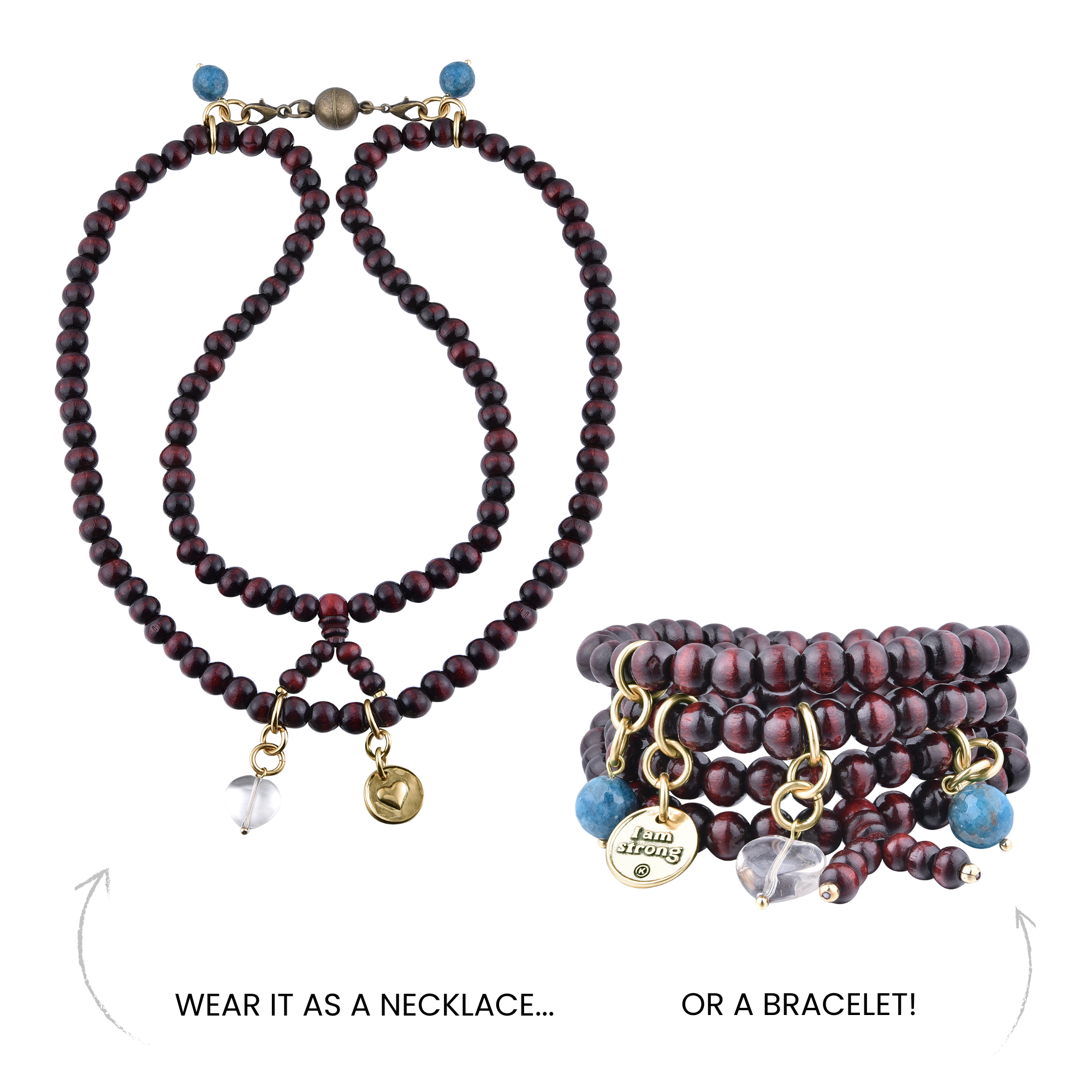 I Am Strong Heart Wood Boho Wrap Bracelet/Necklace