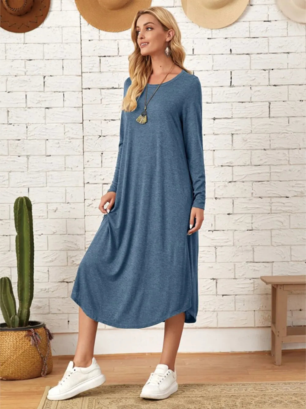 Pocketed Round Neck Long Sleeve Tee Dress - product image 17