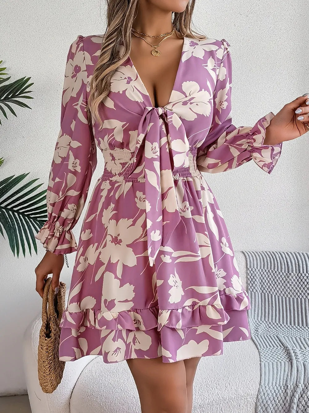 Tied Ruffled Printed Long Sleeve Dress Main image