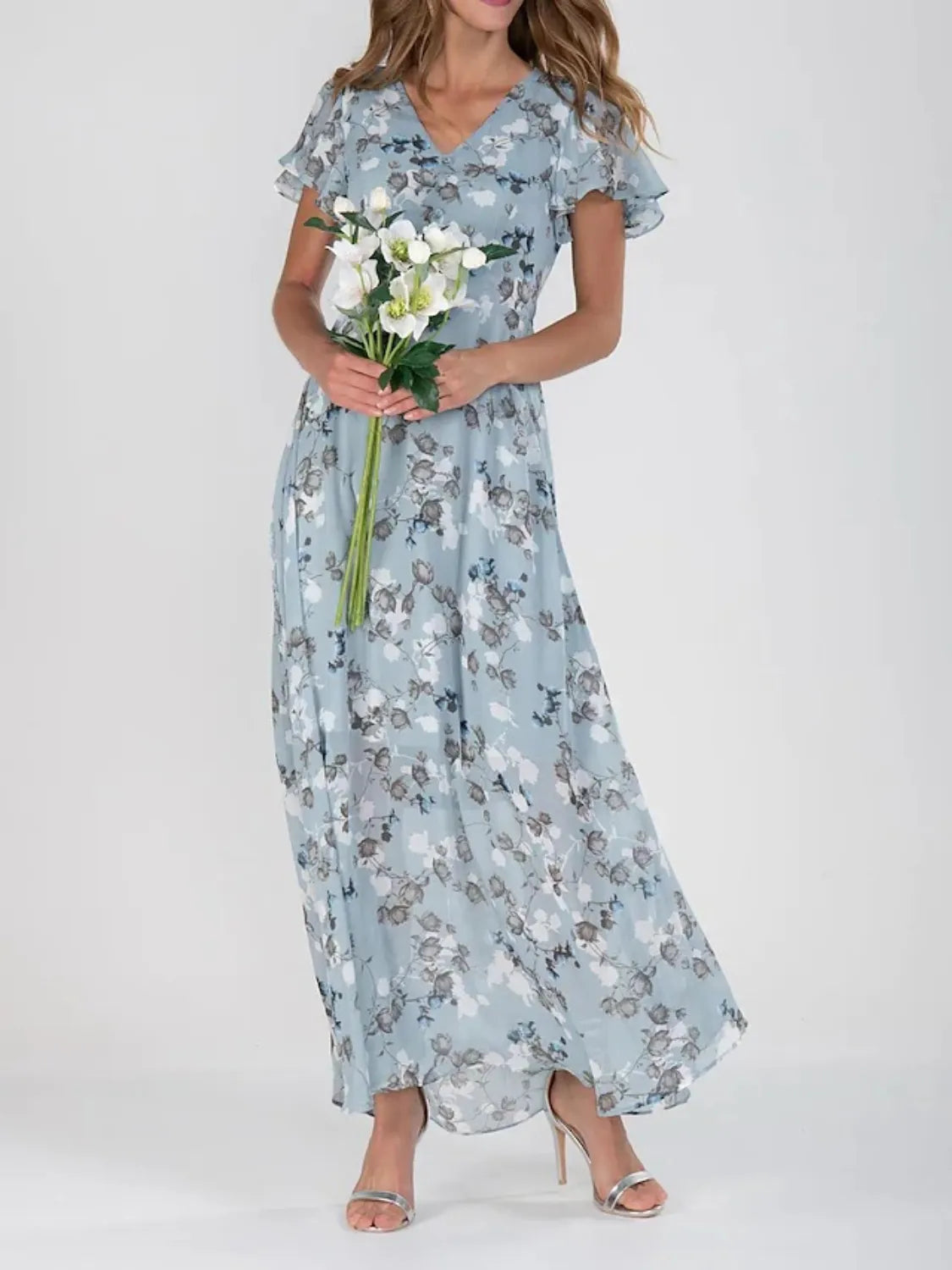 Floral V-Neck Flutter Sleeve Maxi Dress view 2 - Shopiebay