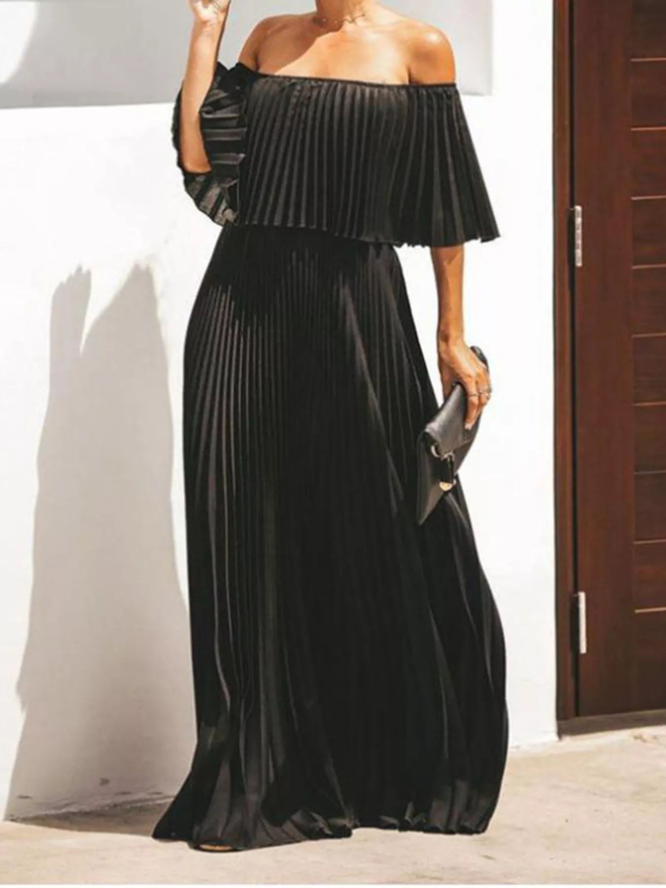 Full Size Off-Shoulder Pleated Maxi Dress Plus Size - Shopiebay women's boutique