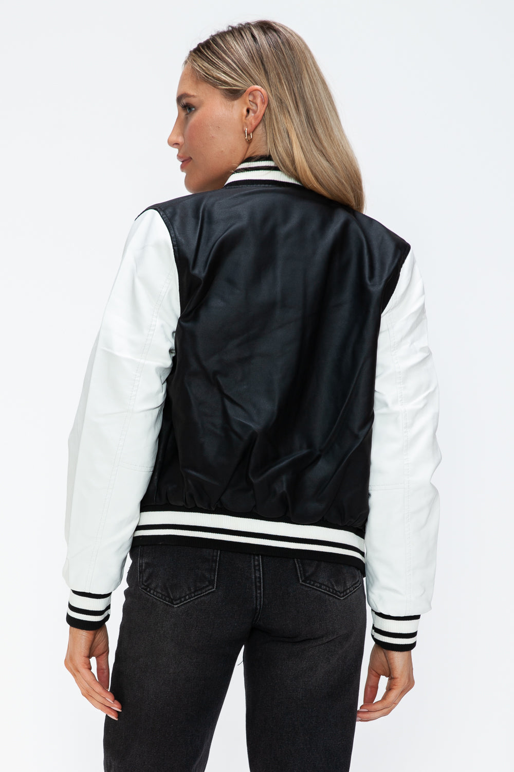 Love Me Now PU Leather Contrast Snap Down Bomber Jacket