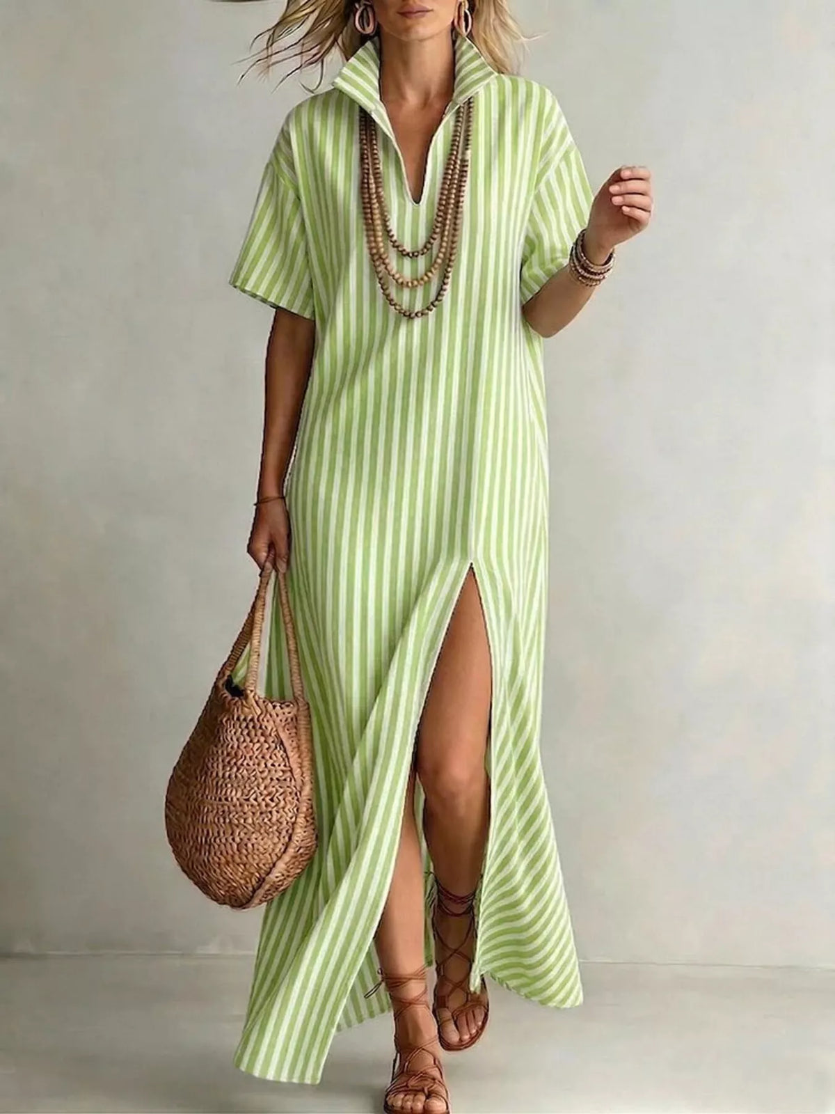 Striped High-Slit Maxi Shirt Dress