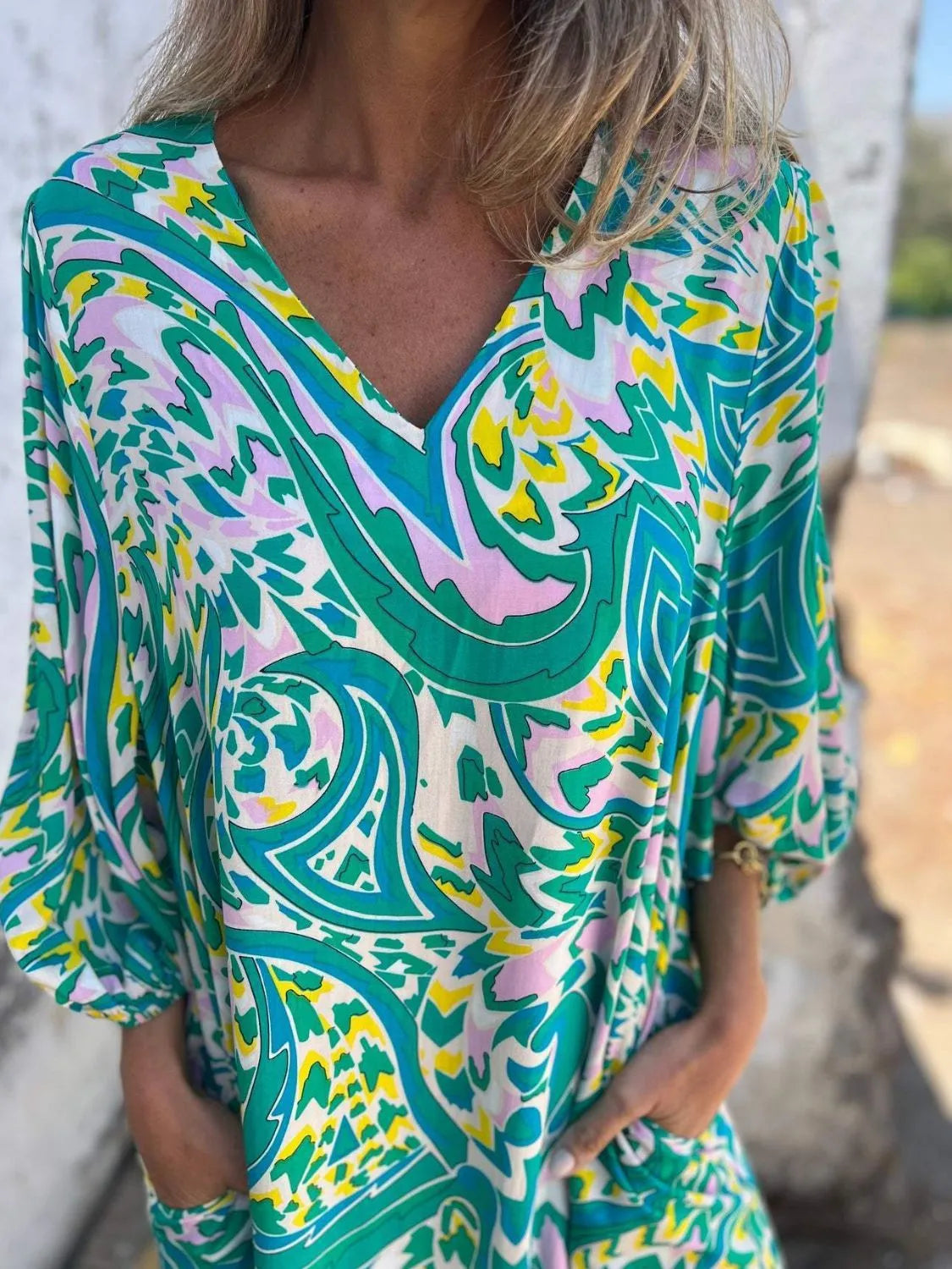 Printed V-Neck Dress with Pockets Secondary image