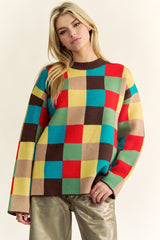 Davi & Dani Color Block Checkered Dropped Shoulder Sweater