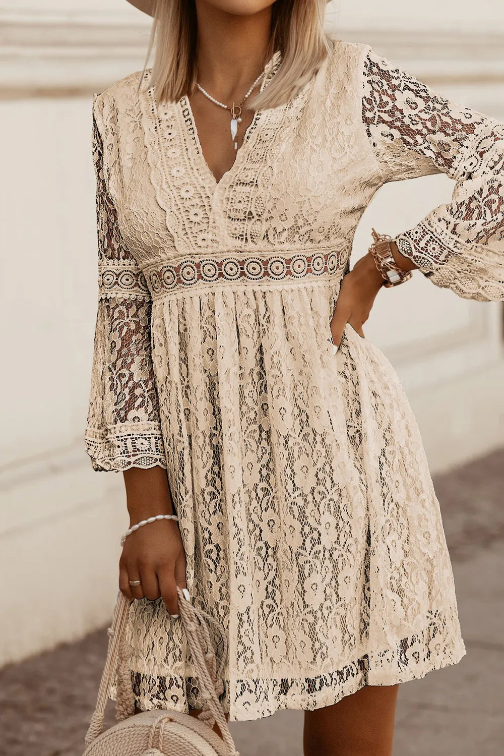 Lace V-Neck Three-Quarter Sleeve Dress - Shopiebay women's boutique