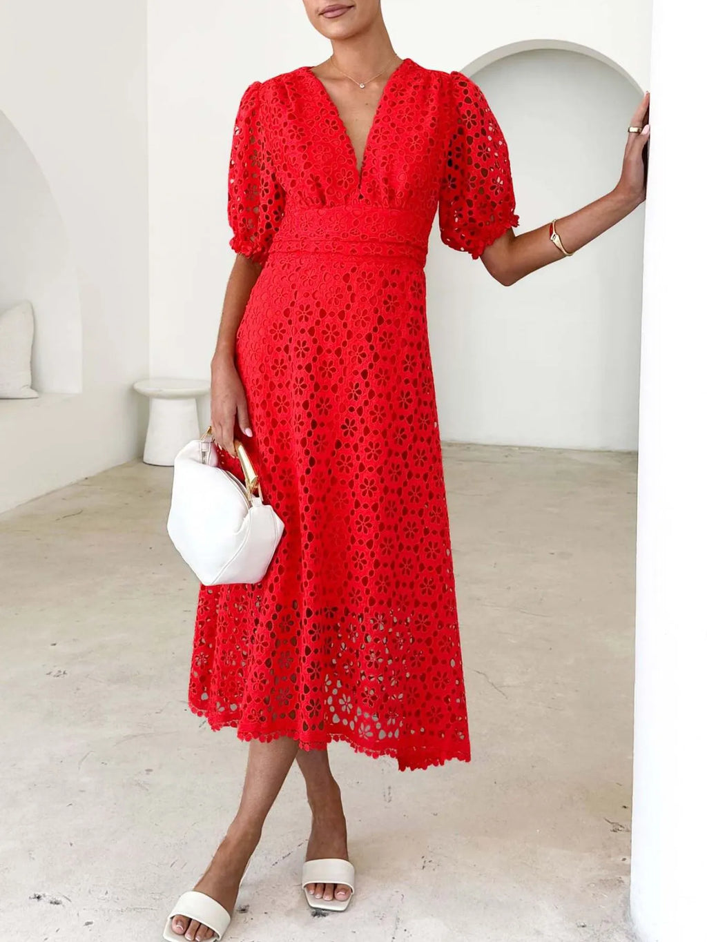 Eyelet Lace V-Neck Midi Dress with Puff Sleeves - product image 17