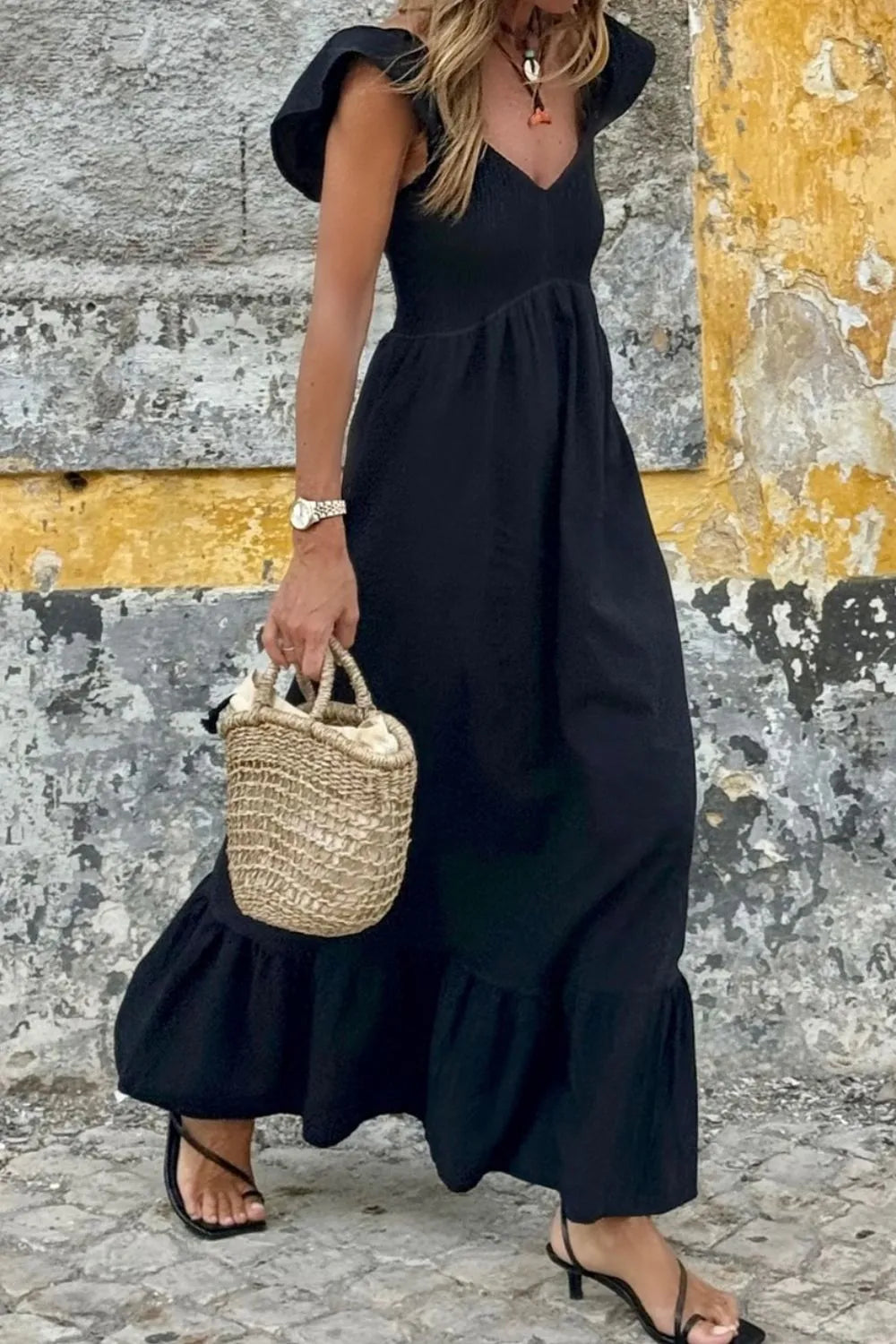 V Neck Ruffled Cap Sleeve Smocked Maxi Dress Main image