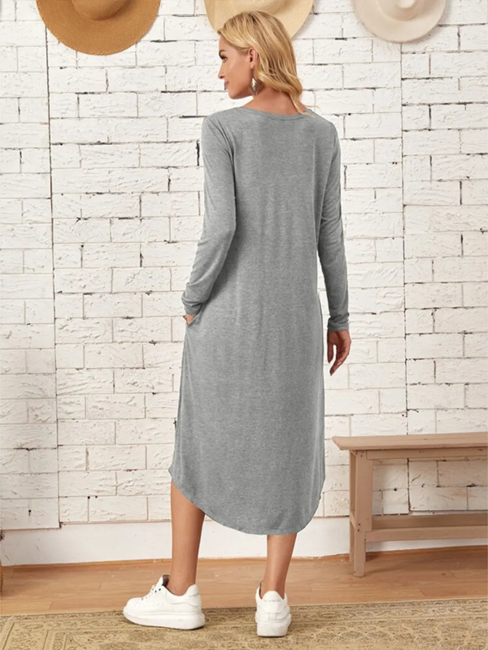 Pocketed Round Neck Long Sleeve Tee Dress view 5 - Shopiebay