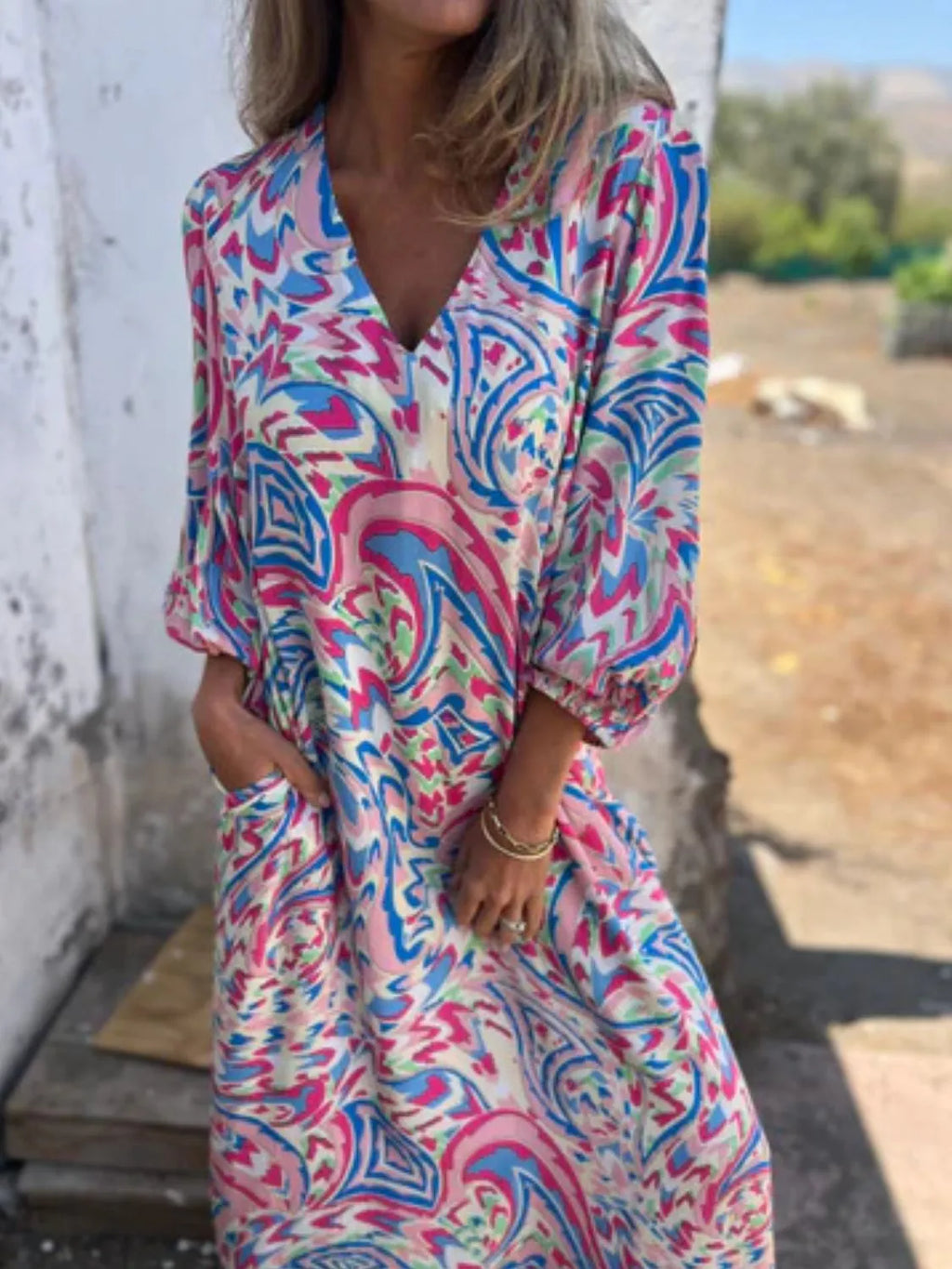 Printed V-Neck Dress with Pockets - product image 6