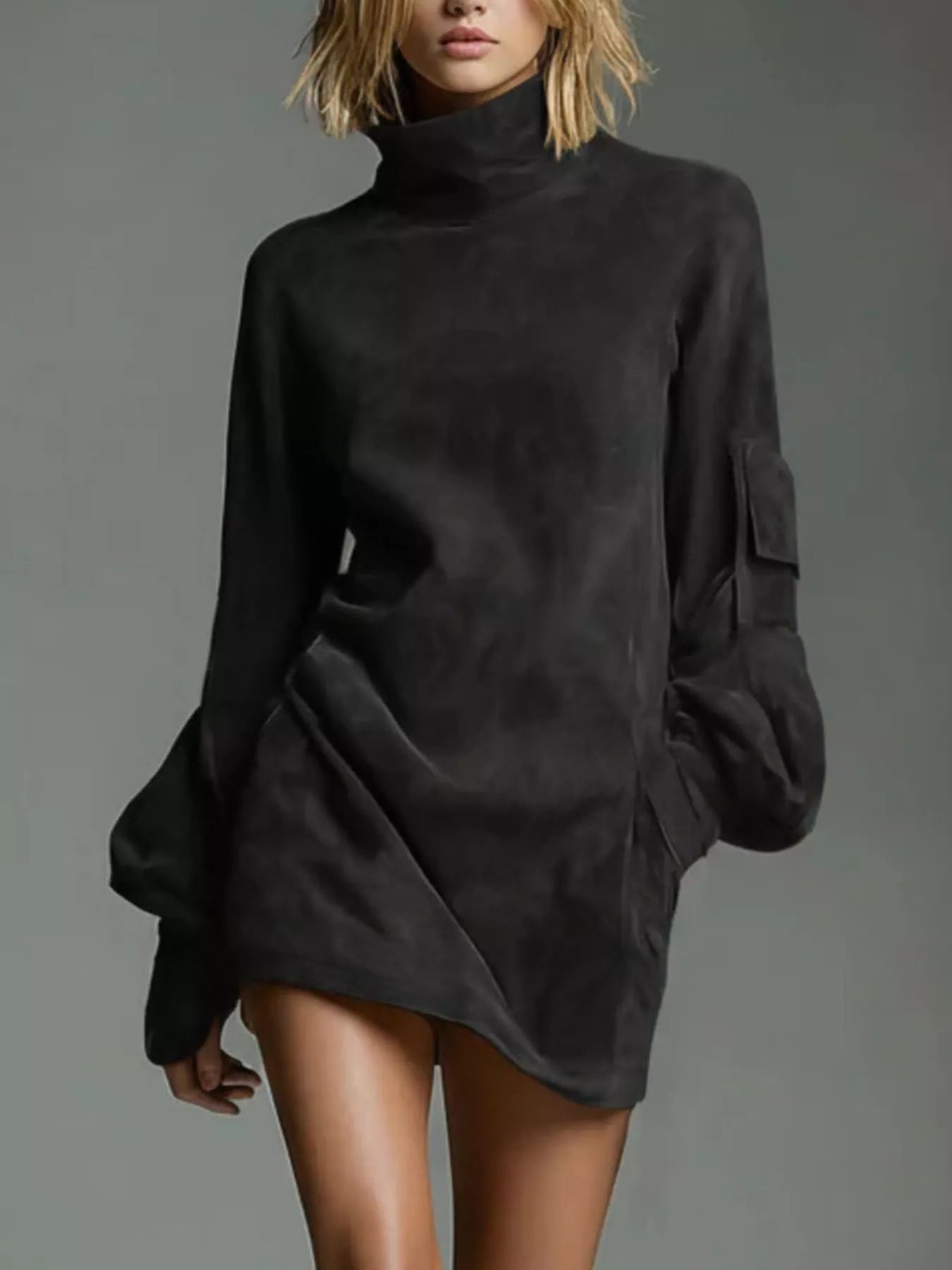 Full Size Suede Turtleneck Lantern Sleeve Mini Dress Plus Size view 9 - Shopiebay