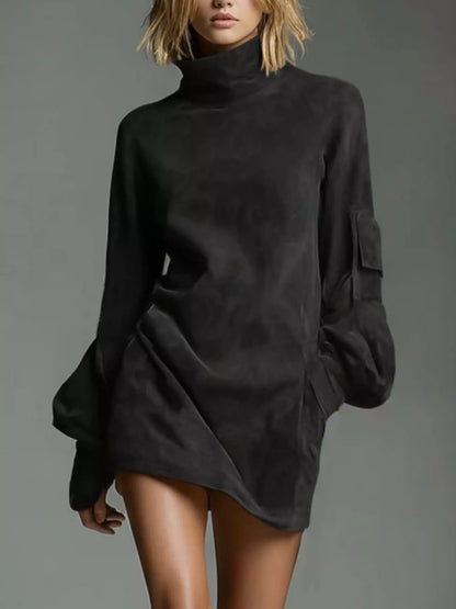 Full Size Suede Turtleneck Lantern Sleeve Mini Dress Plus Size view 9 - Shopiebay