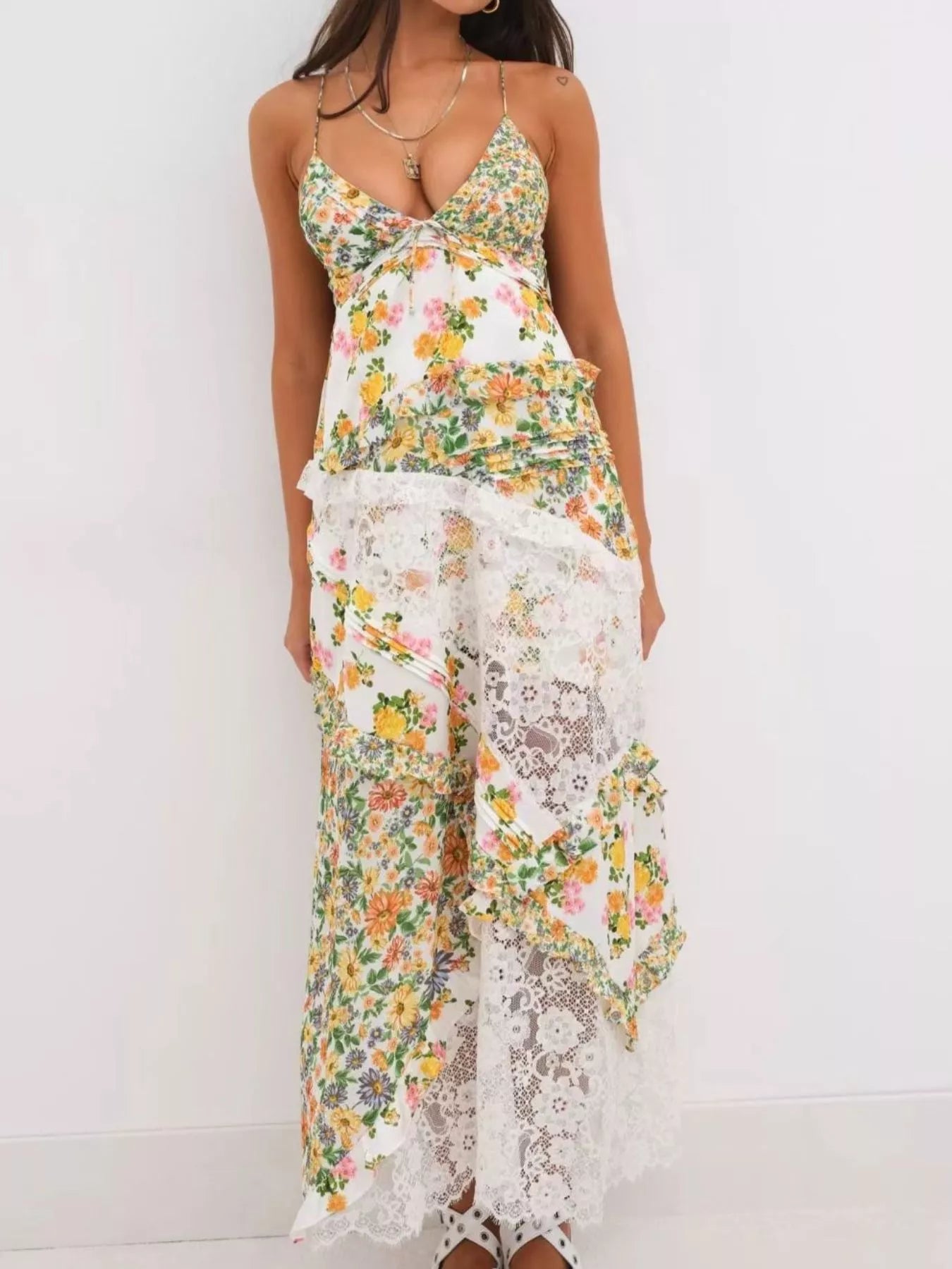 Lace Detail Ruffled Floral V-Neck Maxi Dress Main image