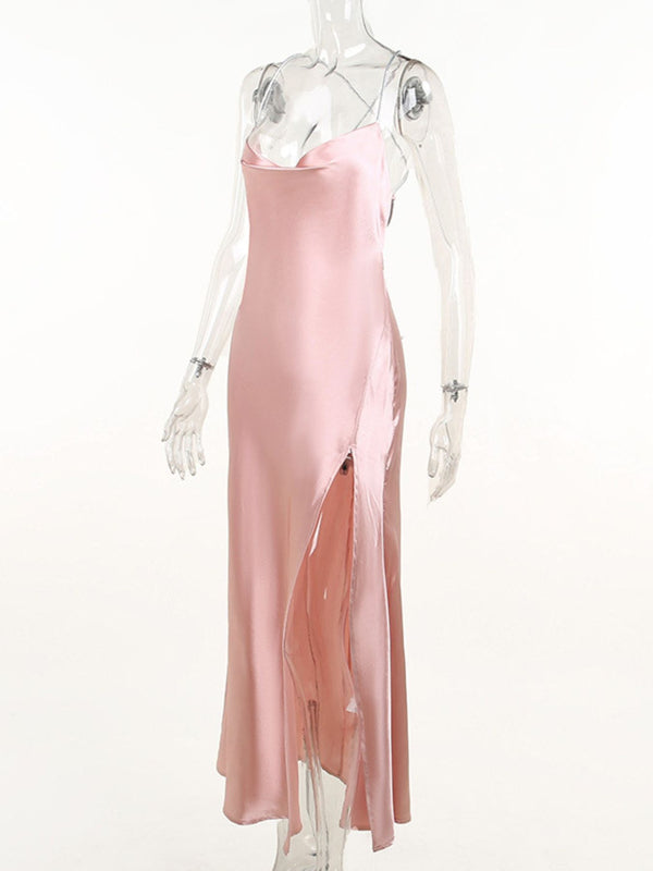Slinky Satin Cowl Neck High Slit Dress with Back Lace Up - product image 12