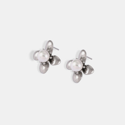 Synthetic Pearl Titanium Steel Flower Earrings