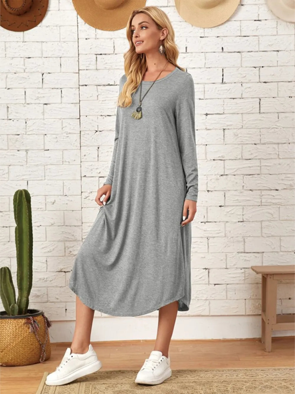 Pocketed Round Neck Long Sleeve Tee Dress view 6 - Shopiebay