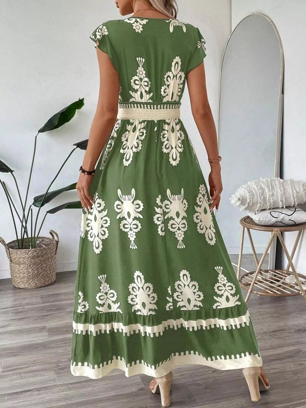 Printed V-Neck Ruffled Cap Sleeve Dress - product image 3