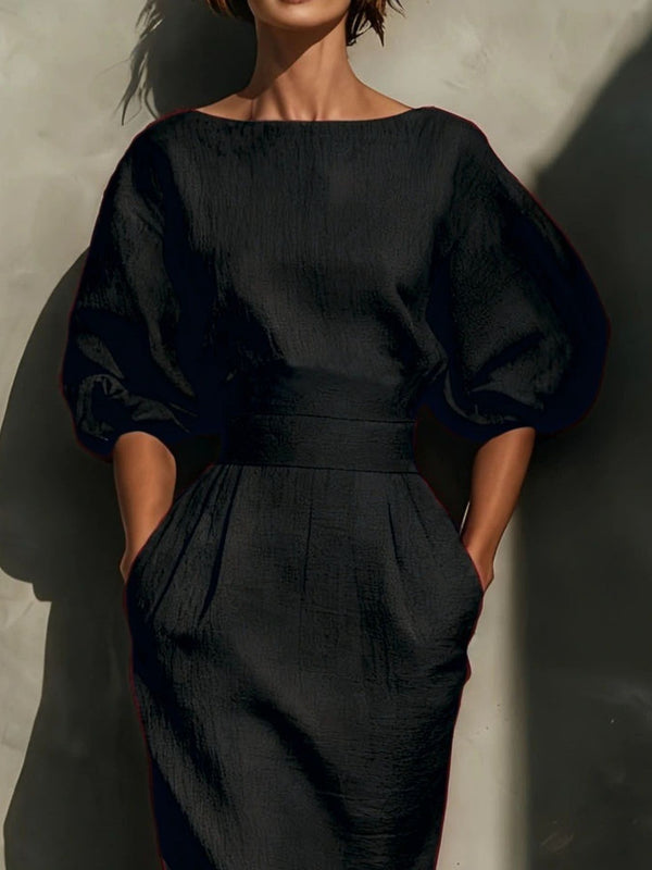 Round Neck Puff Sleeves Midi Dress - product image 4
