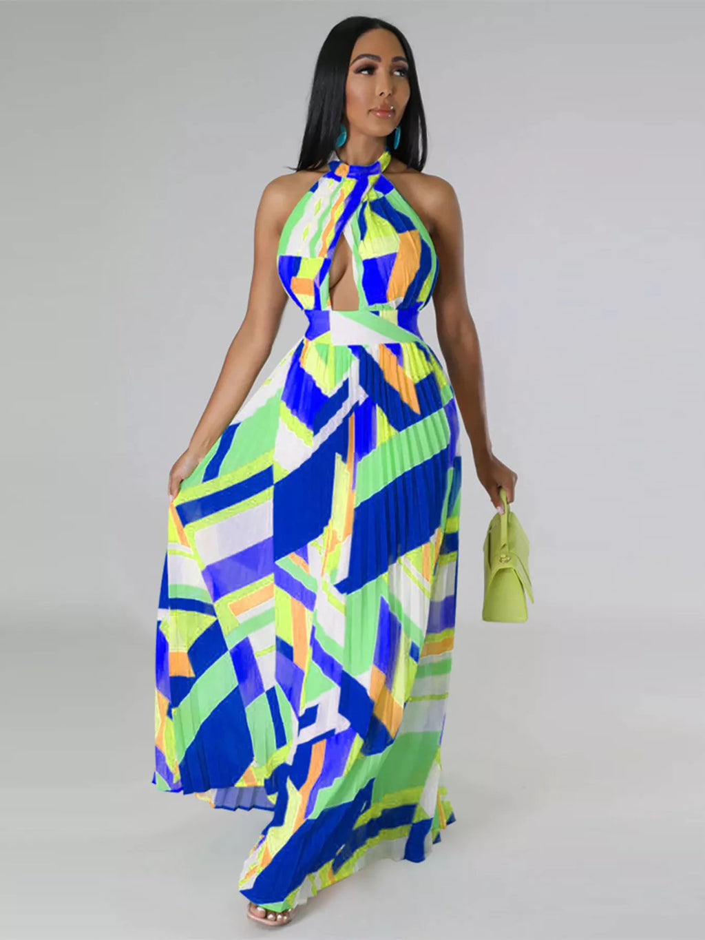 Halter Neck Geometric Print Pleated Maxi Dress - product image 12