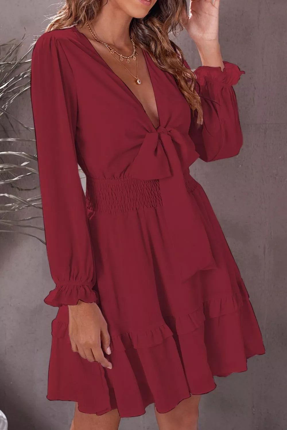 Elegant Tie-Front Ruffle Mini Dress with Smocked Wiast - product image 16
