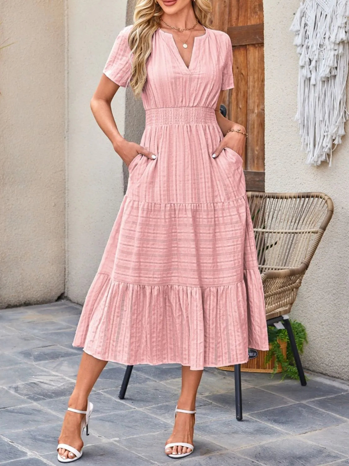 Tiered Notched Short Sleeve Dress Main image