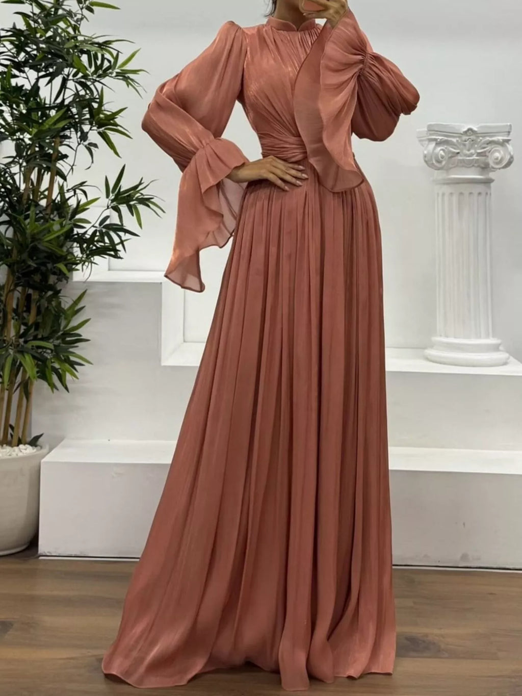 Pleated Mock Neck Long Sleeve Maxi Dress - product image 9
