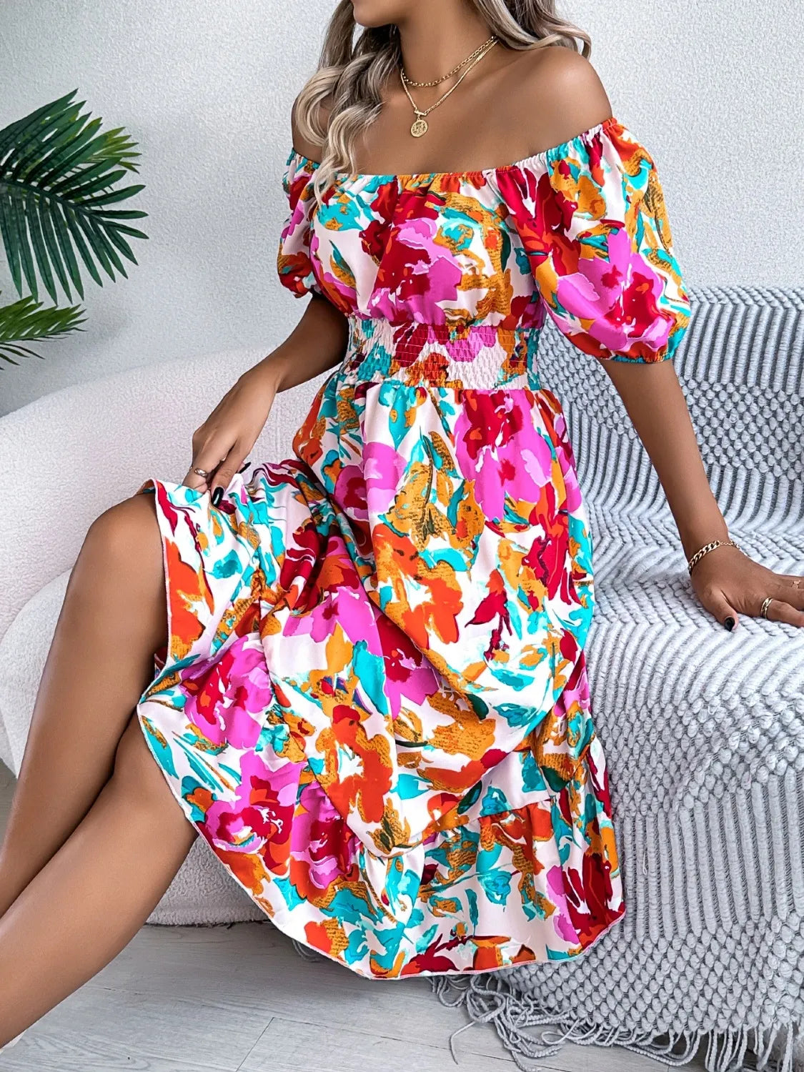 Ruffled Hem Smocked Floral Short Sleeve Midi Dress - product image 3