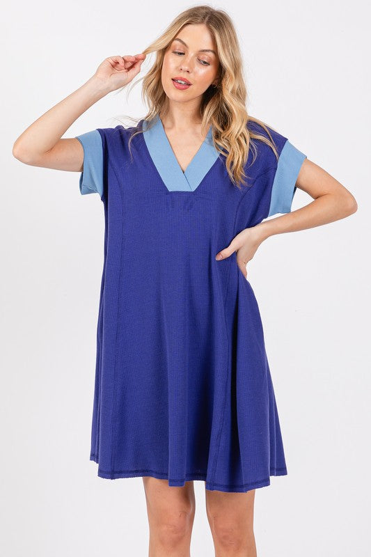 Ces Femme Contrast Trim V-Neck Short Sleeve Dress